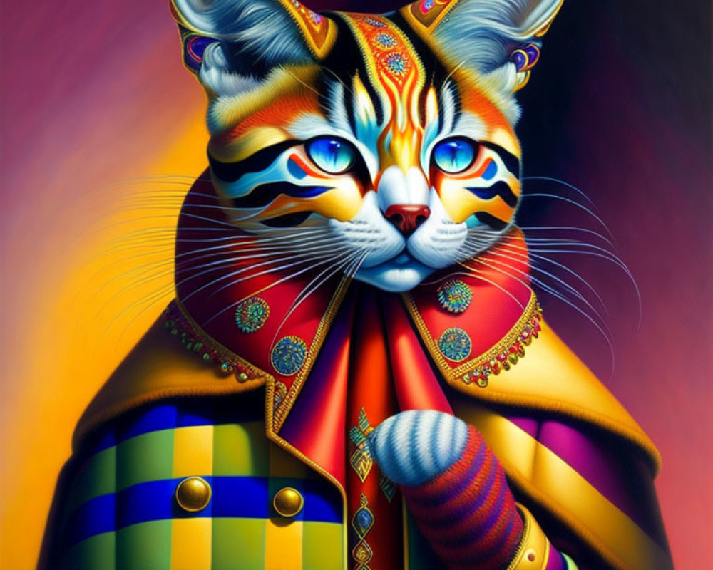 Colorful Cat Painting with Psychedelic Patterns and Regal Cloak