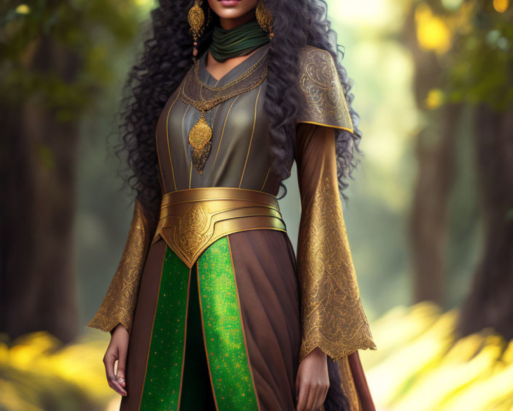 Regal woman in golden armor with curly hair standing in forest