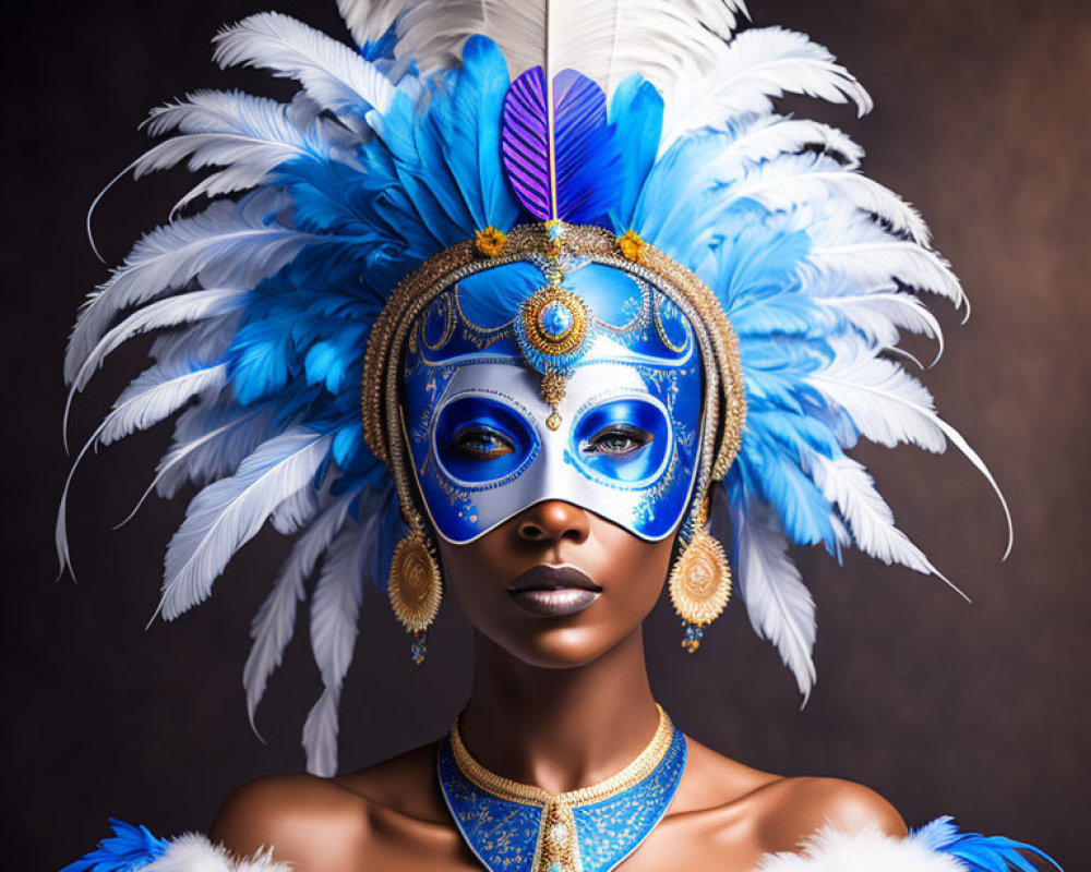 Elaborate Blue and White Feathered Headdress with Ornate Mask