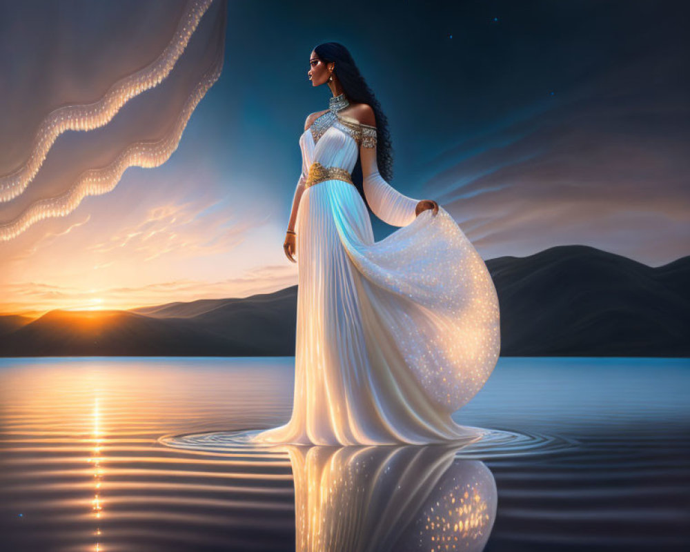 Woman in flowing dress by tranquil lake at sunset with hills and stars.