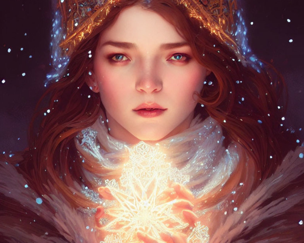 Regal crown young woman holding glowing snowflake in mystical snowflake aura