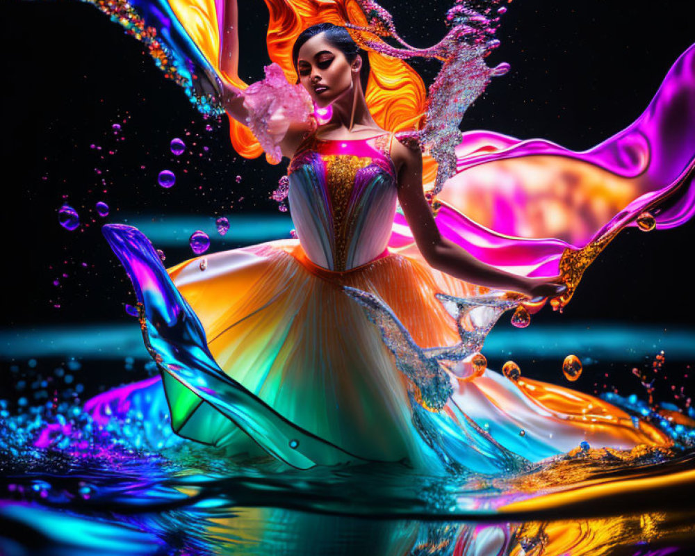 Colorful Liquid Splashes Surround Woman in Vibrant Dress