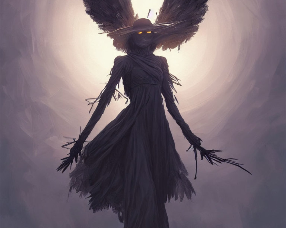 Dark figure with glowing eyes, wings, and pointed hat in eerie illustration