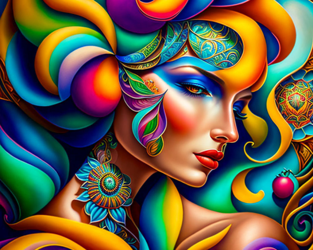 Colorful illustration of woman with stylized features and elaborate hair blending nature and art in harmonious composition