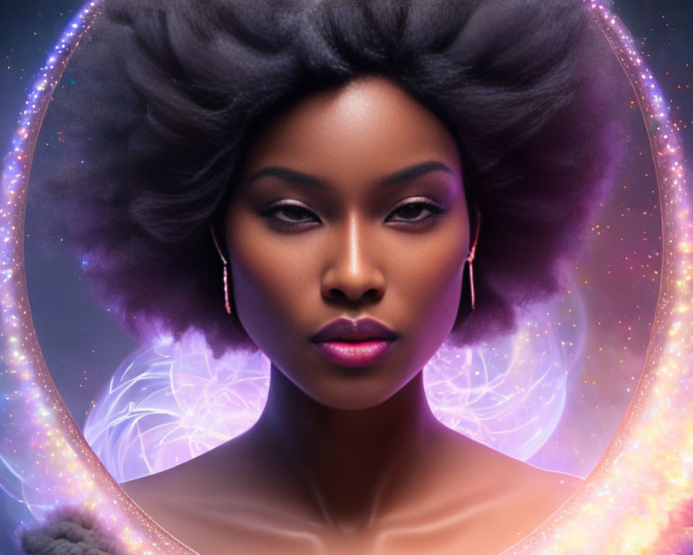 Cosmic-themed portrait of a woman with afro and luminous ring