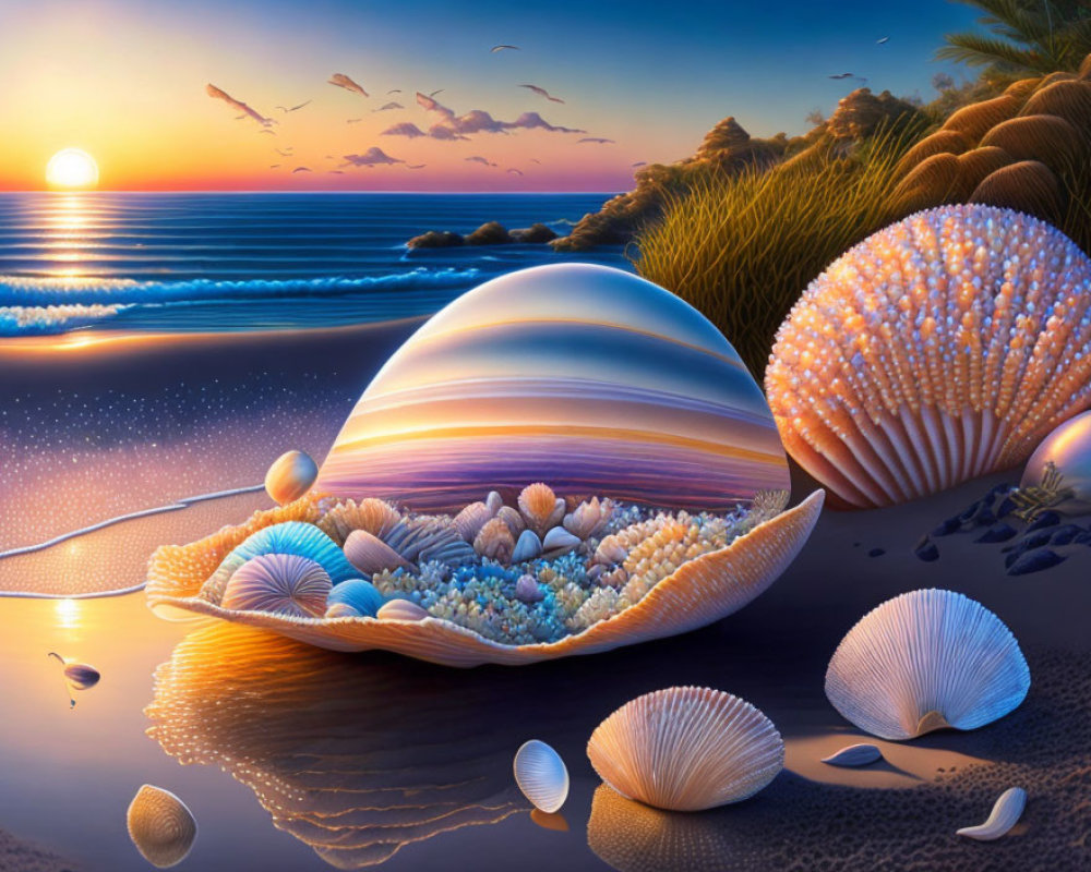 Colorful seashell art with pearls on beach at sunset