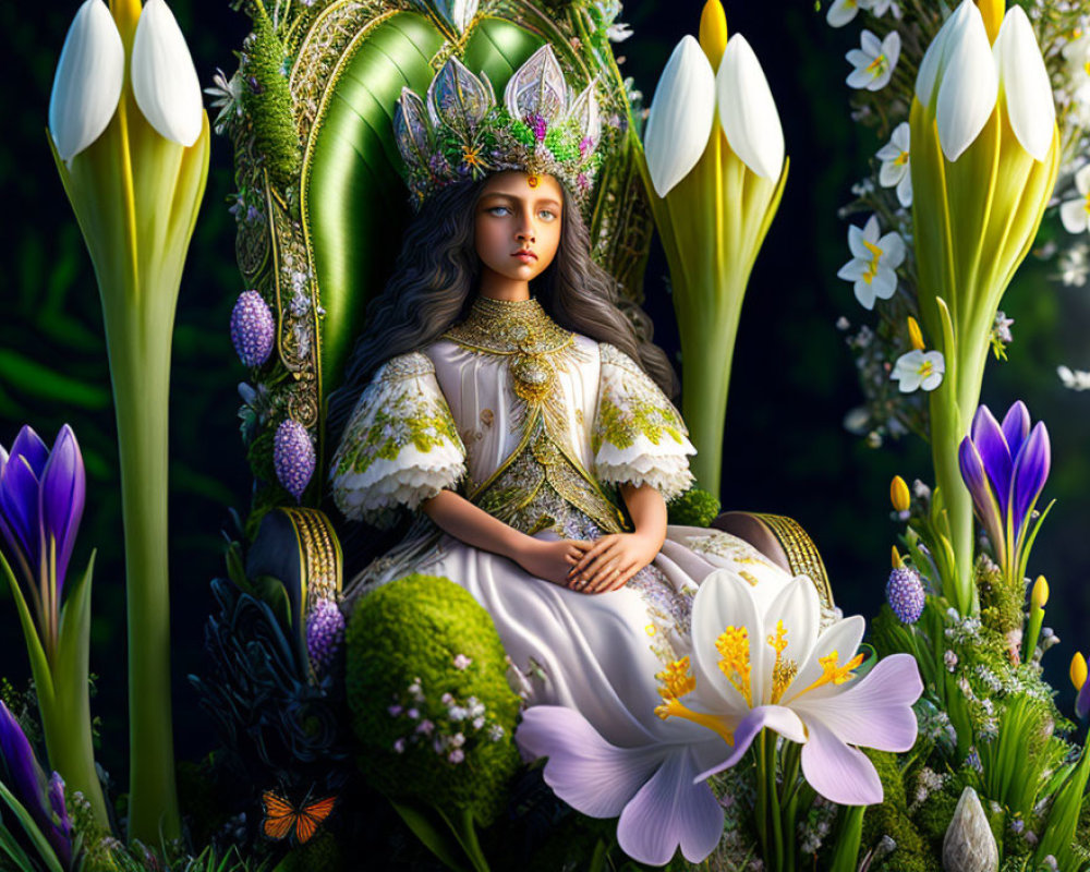 Young woman in regal attire on floral throne surrounded by lush foliage