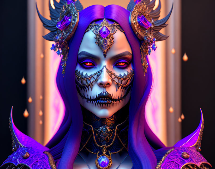 Fantasy female character with purple skin, skull makeup, and golden headdress