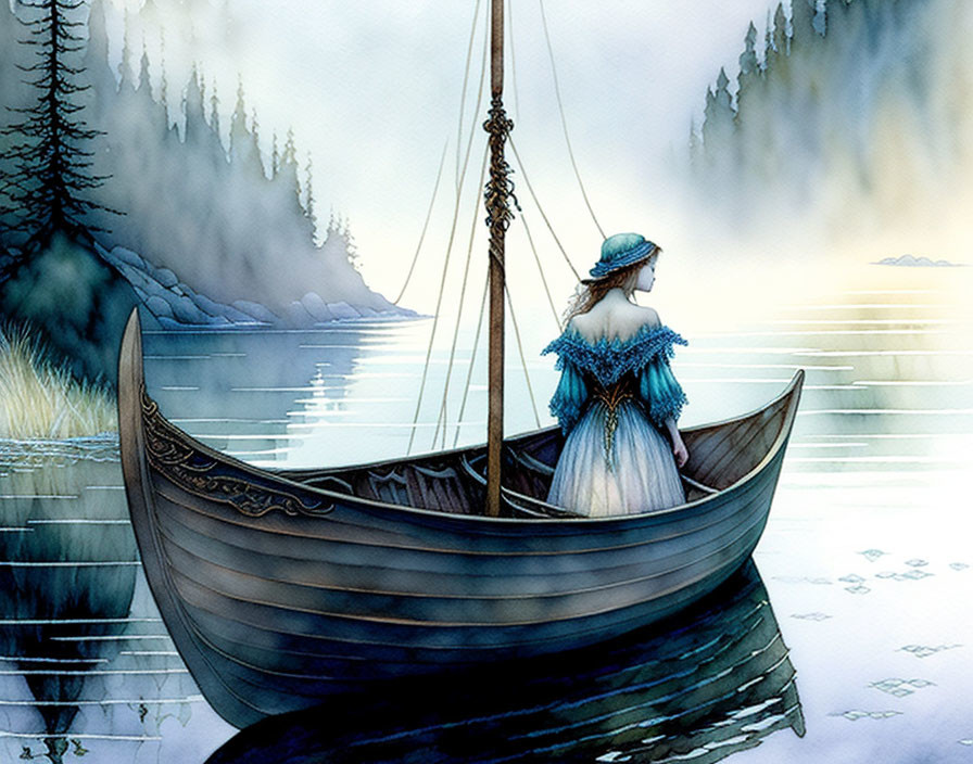 Woman in vintage blue dress on wooden boat at misty lake twilight