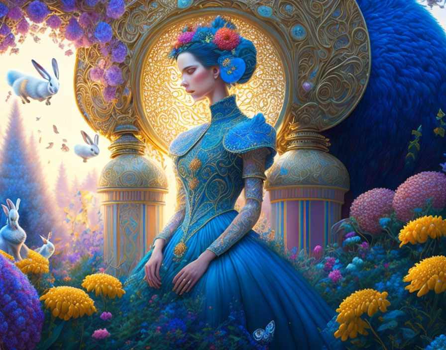 Illustrated woman in blue dress with gold details in mystical garden with rabbits and vibrant flowers under golden arch