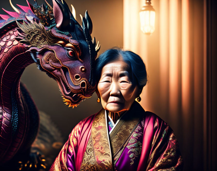 Elderly Woman in Traditional Pink Attire with Dragon Illustration, Warm Lighting