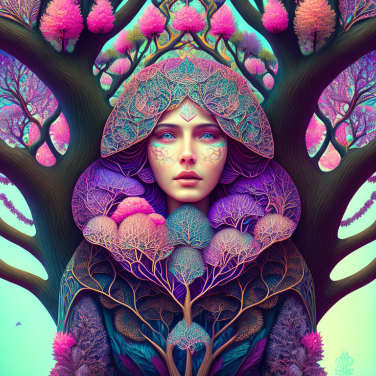 Vibrant surreal portrait blending woman with colorful flora in intricate tree-like pattern against mystical forest backdrop