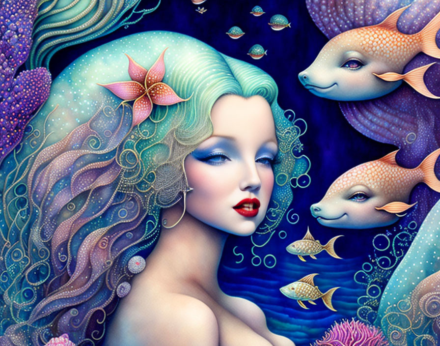 Mermaid with Blue Hair and Red Lips in Underwater Scene