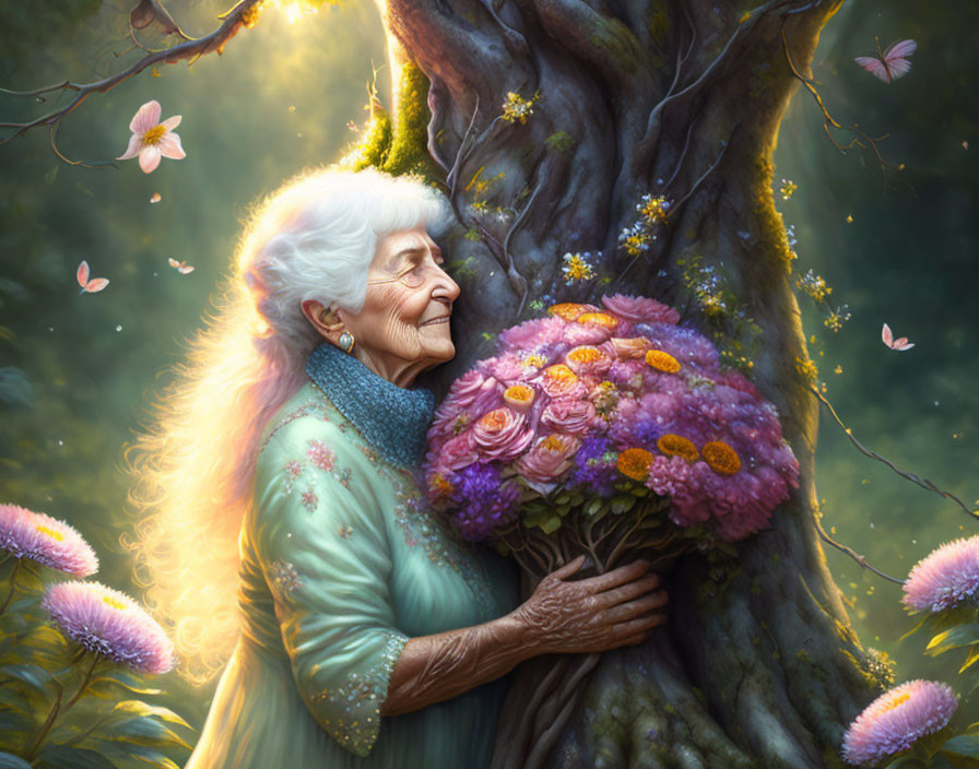 Elderly woman smiling with vibrant flowers and butterflies