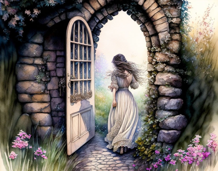 Illustration of woman in white dress entering stone archway to garden