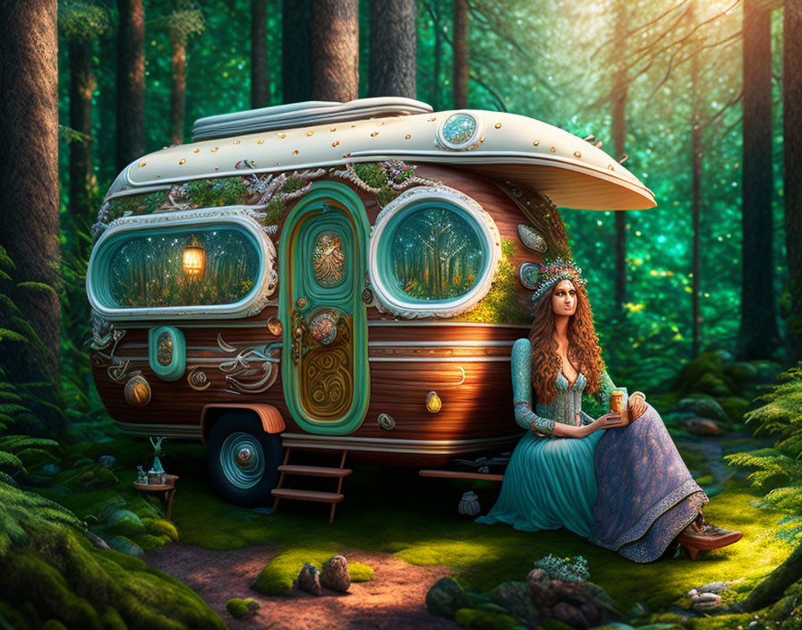 Woman in Blue Dress with Floral Crown in Enchanted Forest Caravan