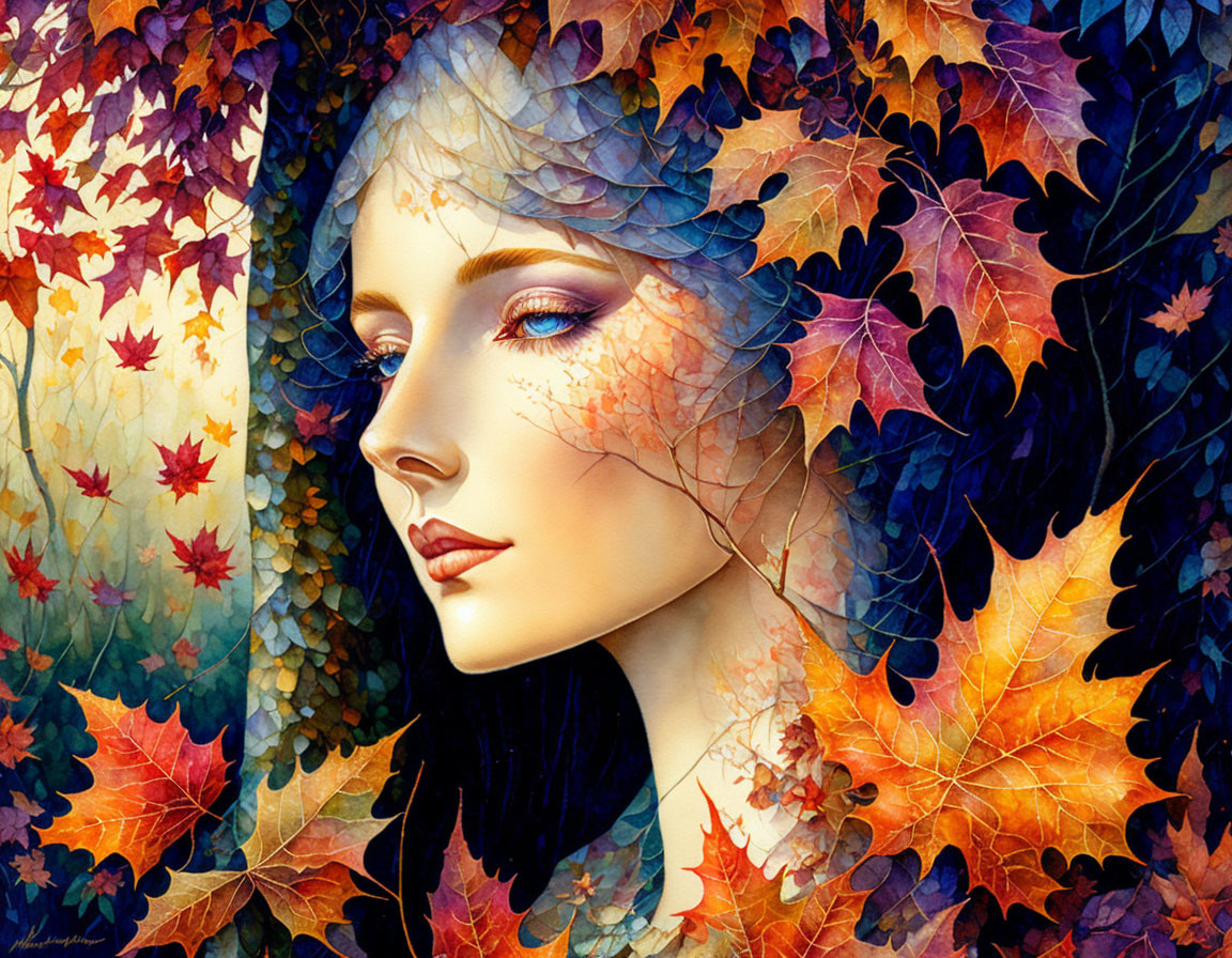 Woman's profile seamlessly blended into autumn leaves illustration