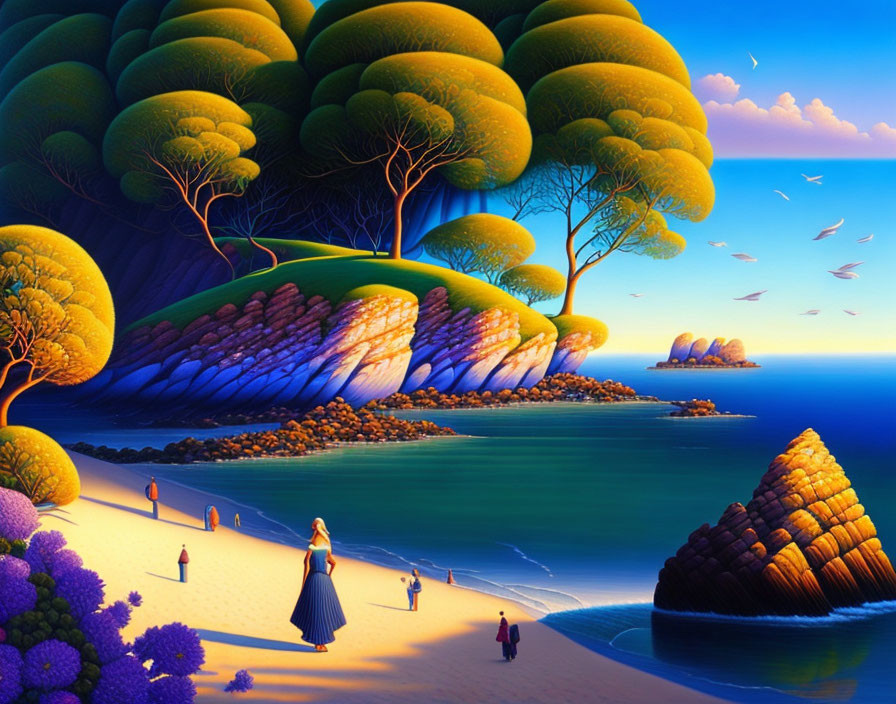 Colorful beach scene with oversized trees and surreal cliffs under sunset sky