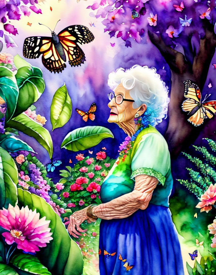 Elderly woman in colorful clothes gazes at vibrant garden full of butterflies and flowers