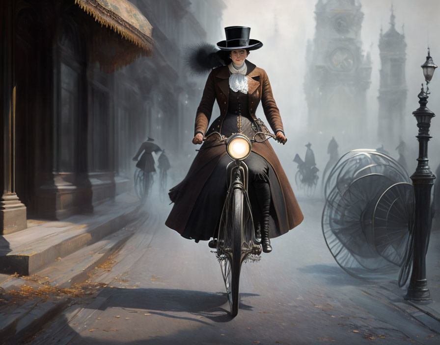 Vintage Attire Person Riding Bicycle in Old-Time City Street