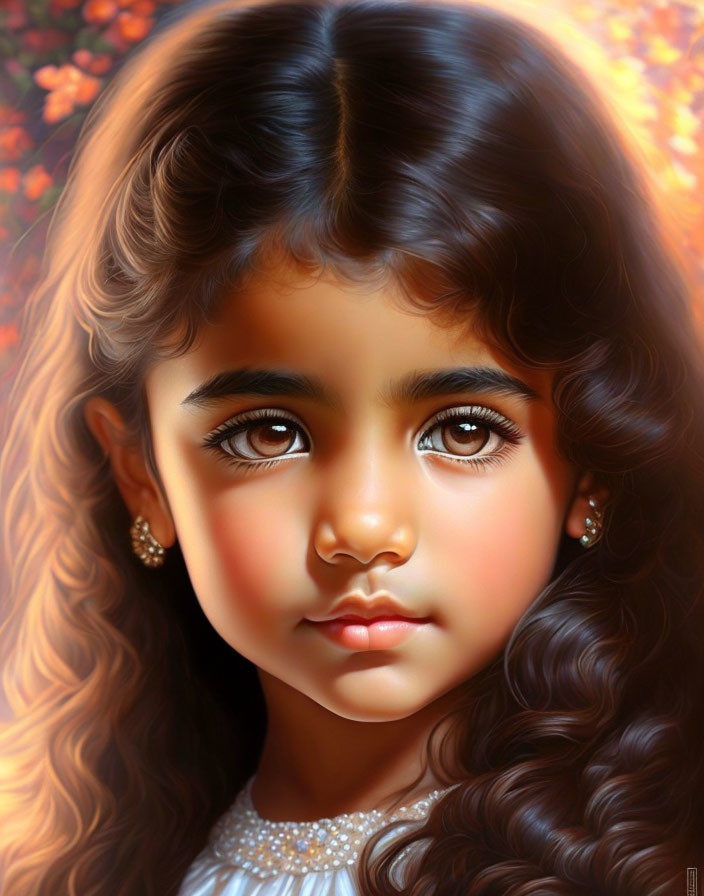 Young girl's digital portrait: expressive eyes, curly hair, serene expression, autumn backdrop.