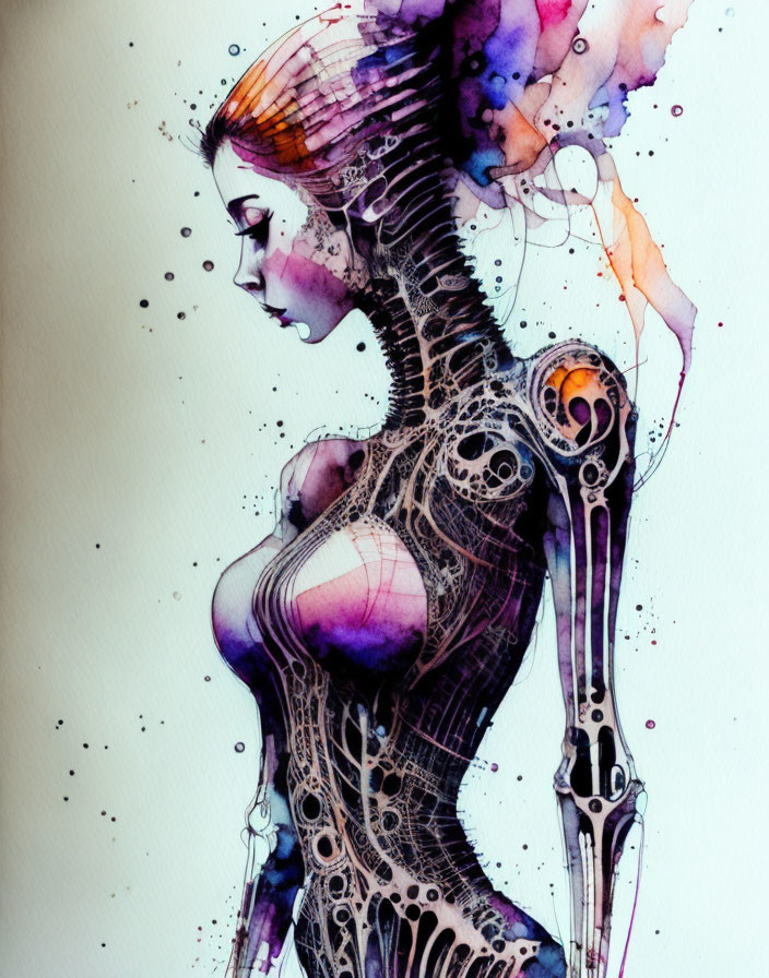 Watercolor artwork: Female figure with mechanical parts, robot-like, vibrant colors.