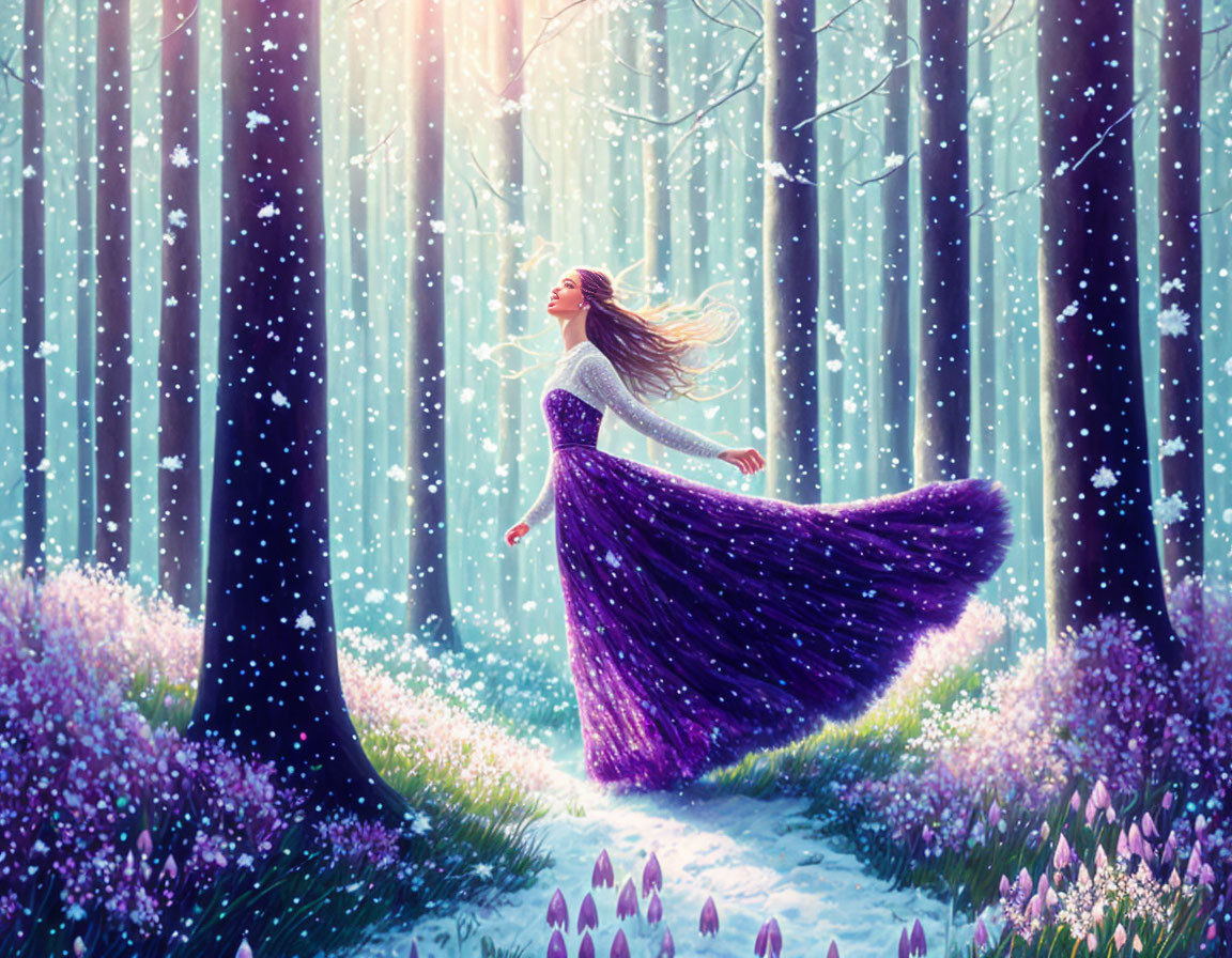 Woman in Purple Dress in Mystical Forest with Flowering Trees