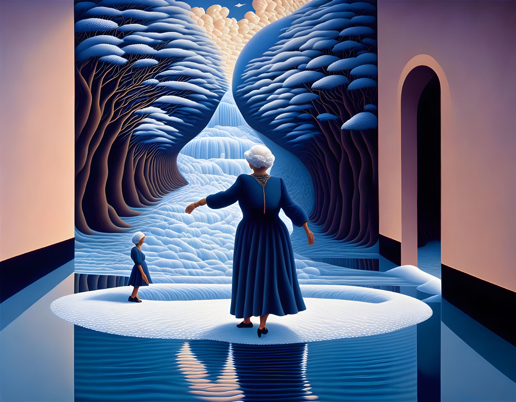 Surreal illustration: Elderly woman and child on circular platform by stylized blue cascade.