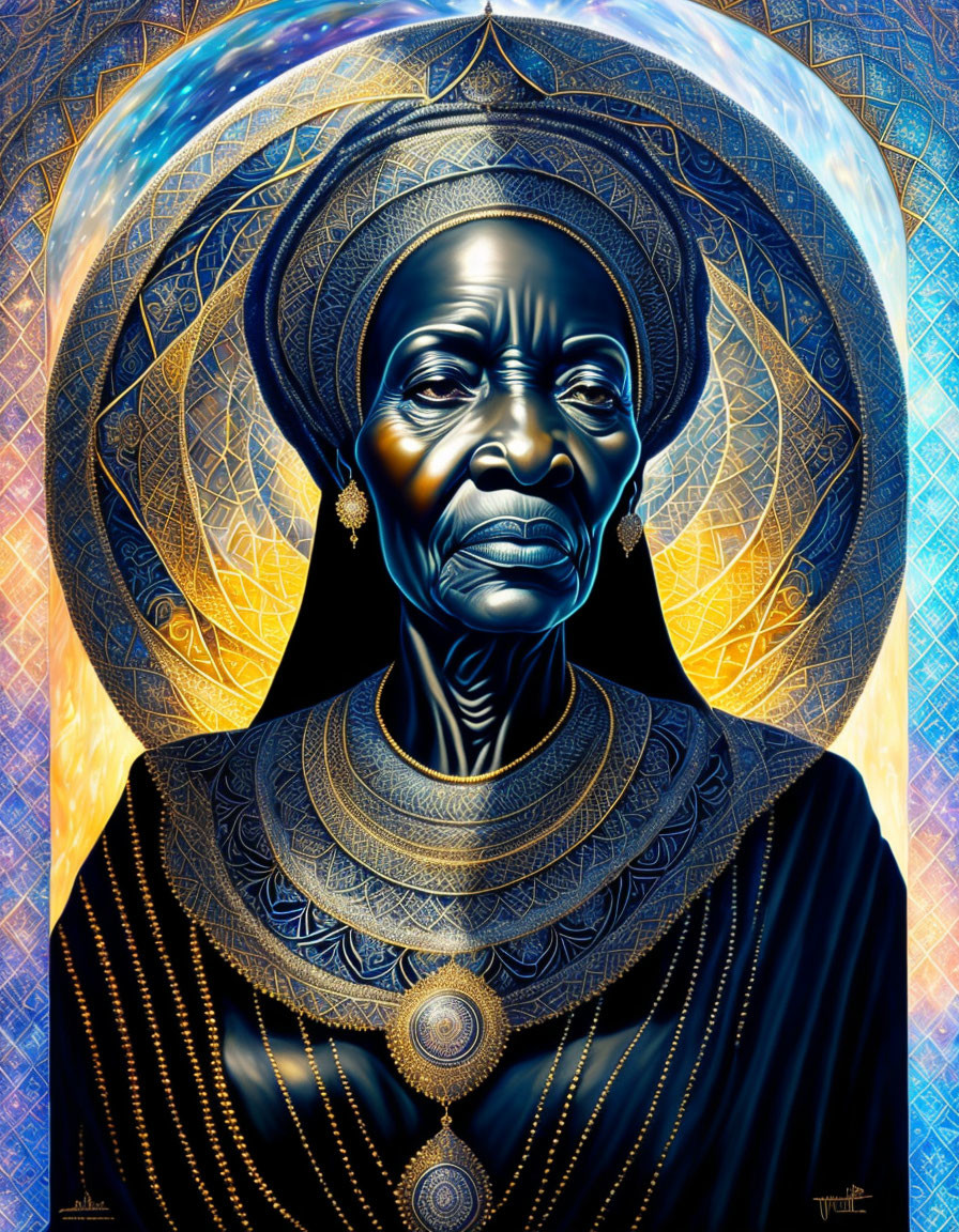 Elderly woman portrait with headscarf and jewelry on geometric background