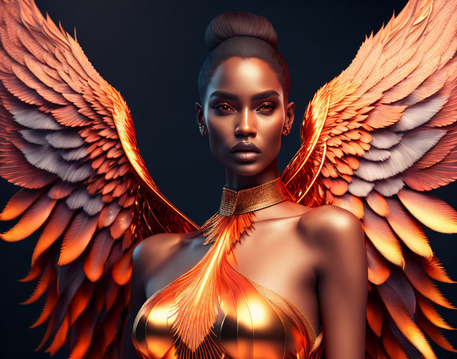 Digital Artwork: Woman with Fiery Orange Wings and Matching Attire