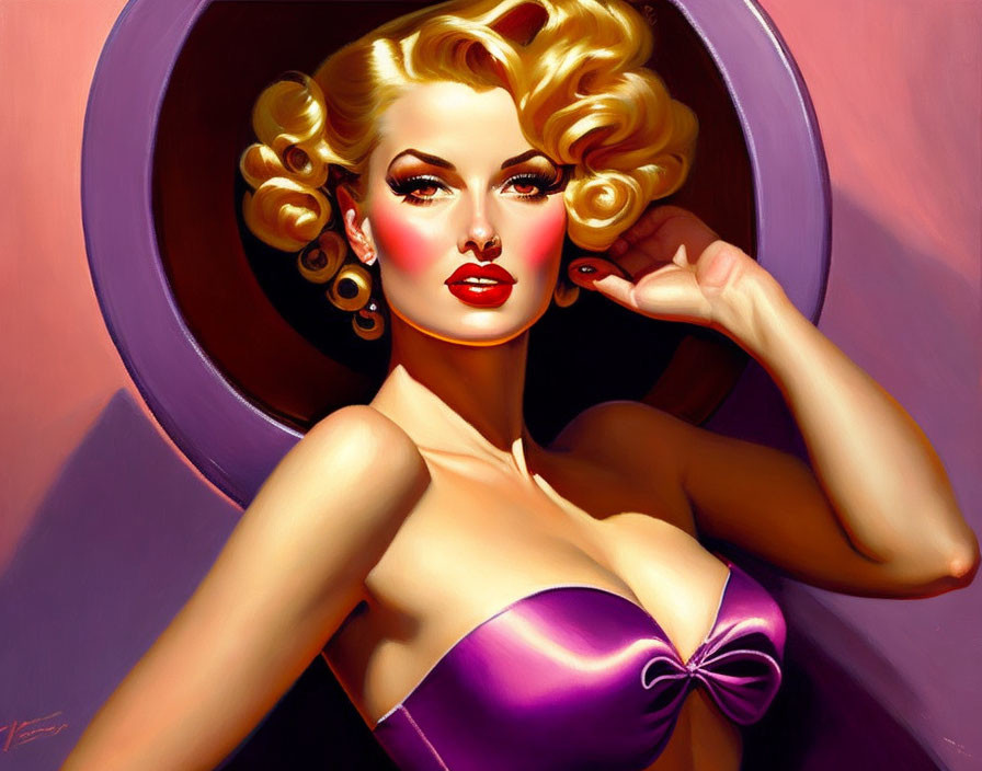 Glamorous woman with blonde vintage curls in purple strapless attire and large circular hat.