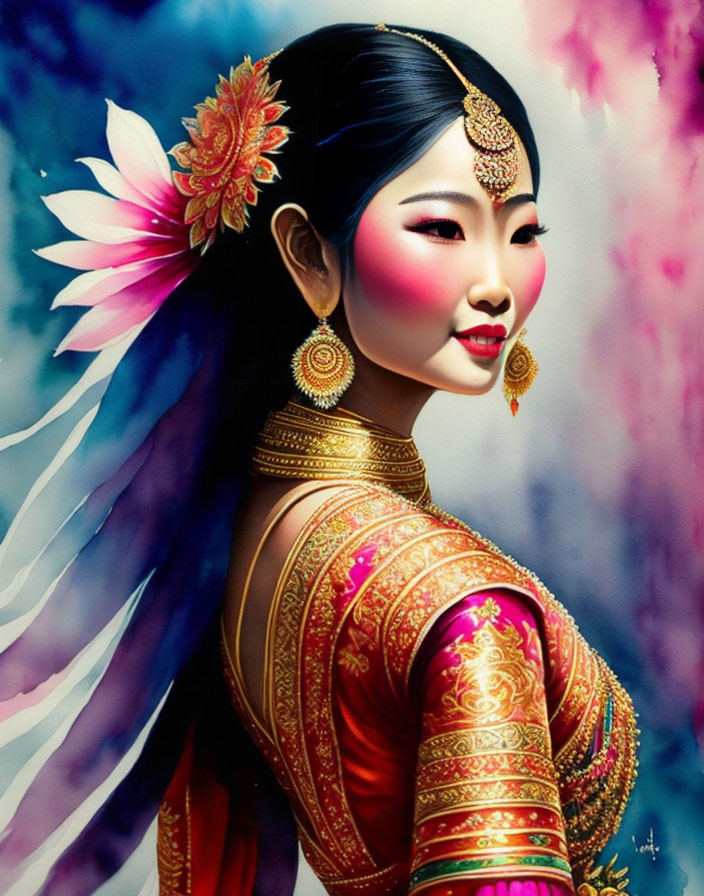 Colorful Asian woman in traditional attire with gold jewelry on abstract background