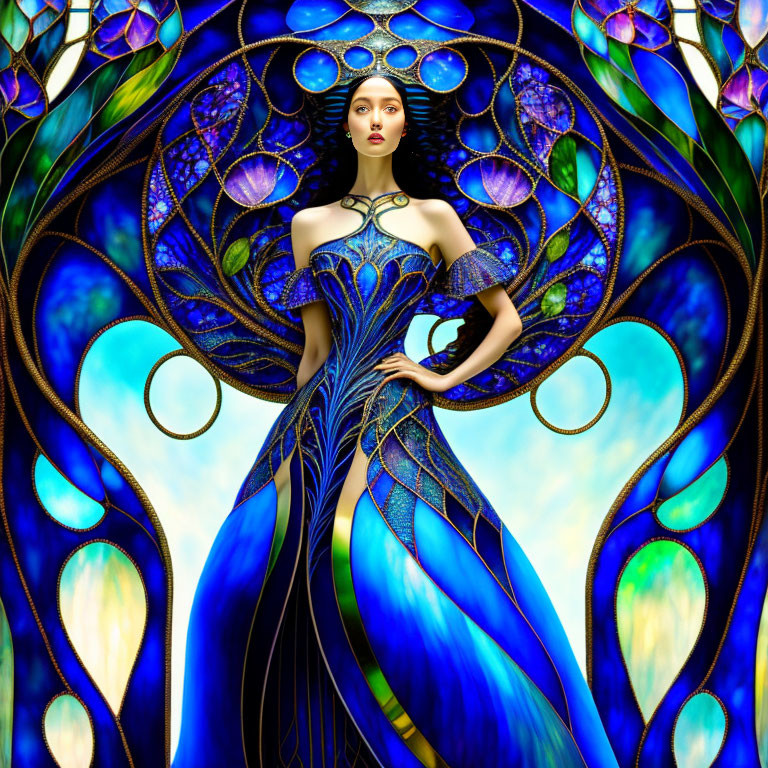 Digital artwork of woman in peacock dress blending with stained-glass background