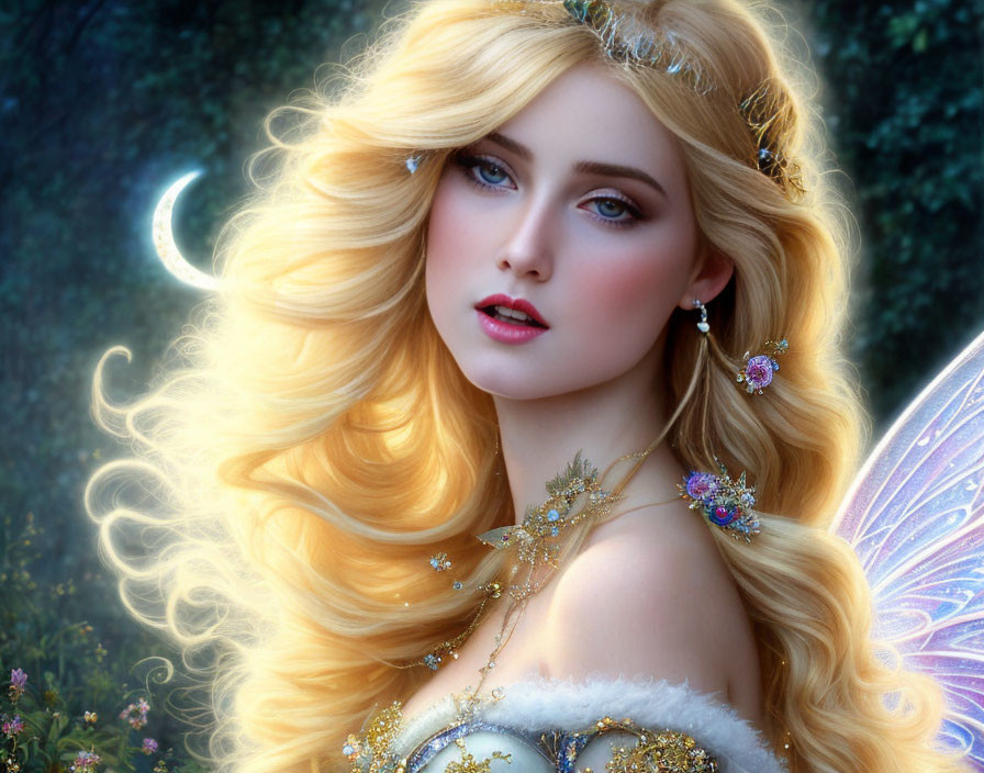 Blonde Fairy Woman with Butterfly Earrings in Enchanted Forest