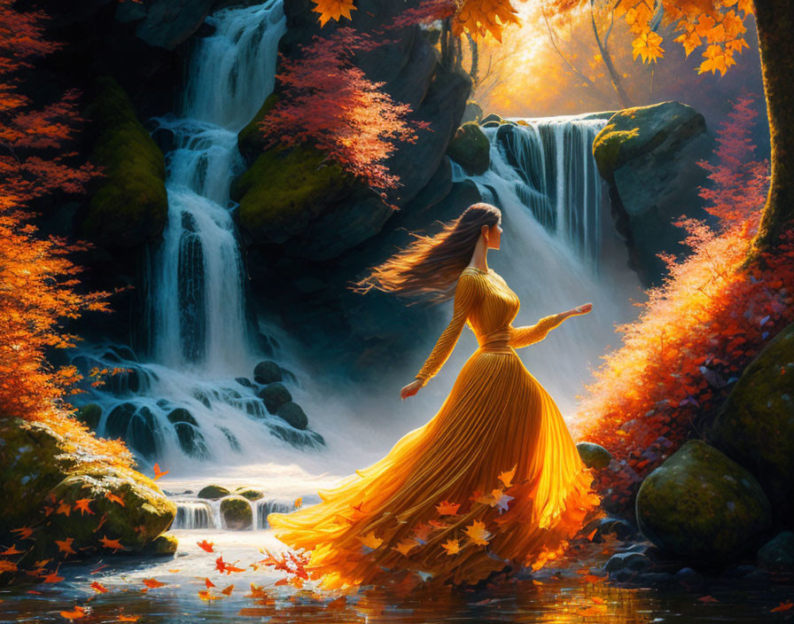 Woman in Yellow Dress in Vibrant Autumn Forest with Waterfall