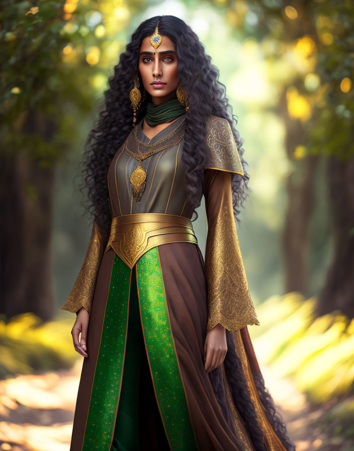 Regal woman in golden armor with curly hair standing in forest