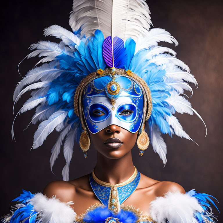 Elaborate Blue and White Feathered Headdress with Ornate Mask