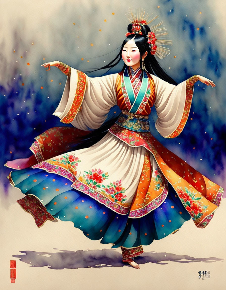 Traditional Chinese Attire Woman Twirling in Floral Patterns