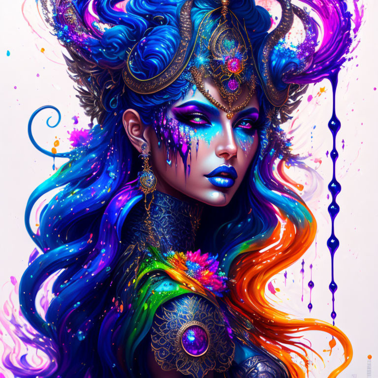 Colorful Woman Illustration with Blue and Gold Headdress and Flowing Hair