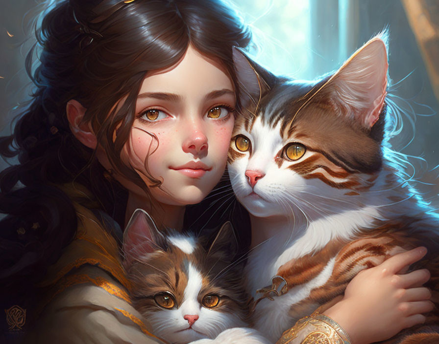 Girl with Wavy Hair Holding Two Striped Cats in Affectionate Moment