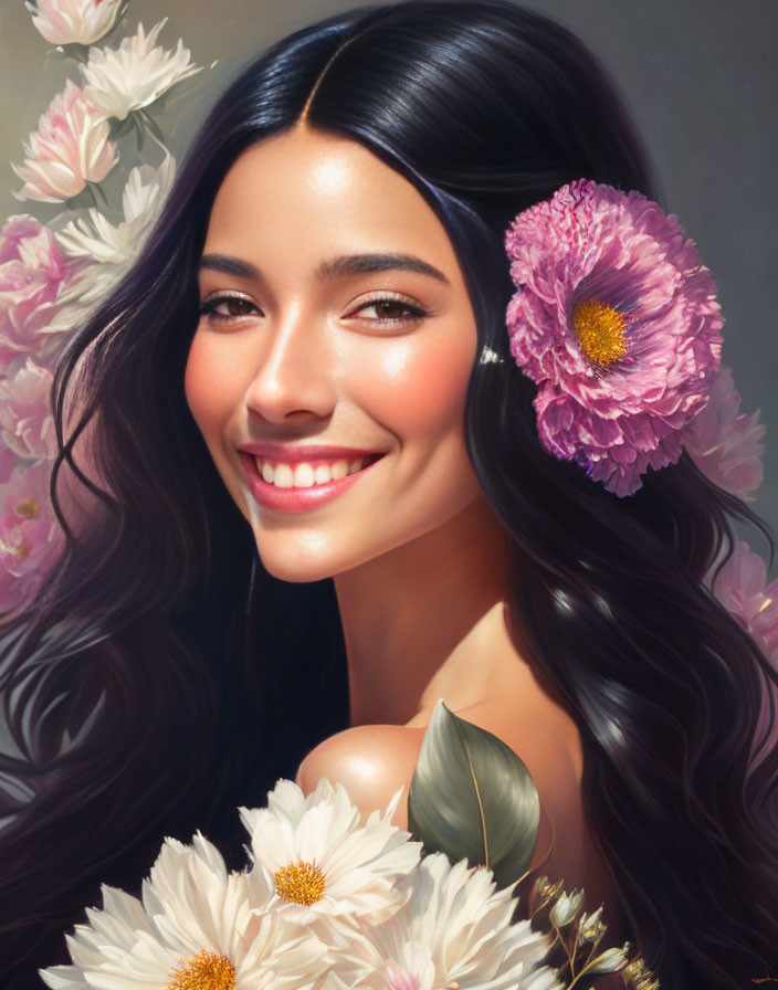 Portrait of Smiling Woman with Dark Hair and Pink Flowers