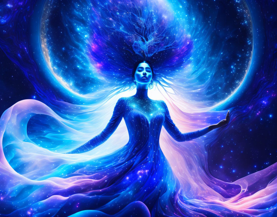 Humanoid Cosmic Entity in Vibrant Galaxy Background