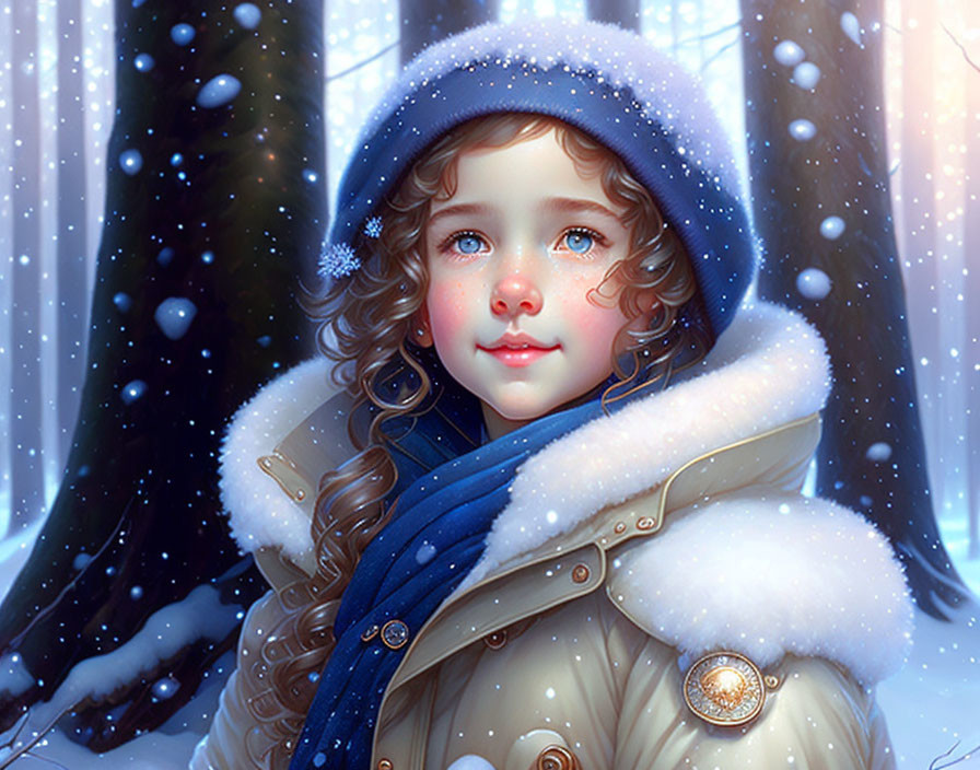 Young girl in white winter outfit in snow-covered forest