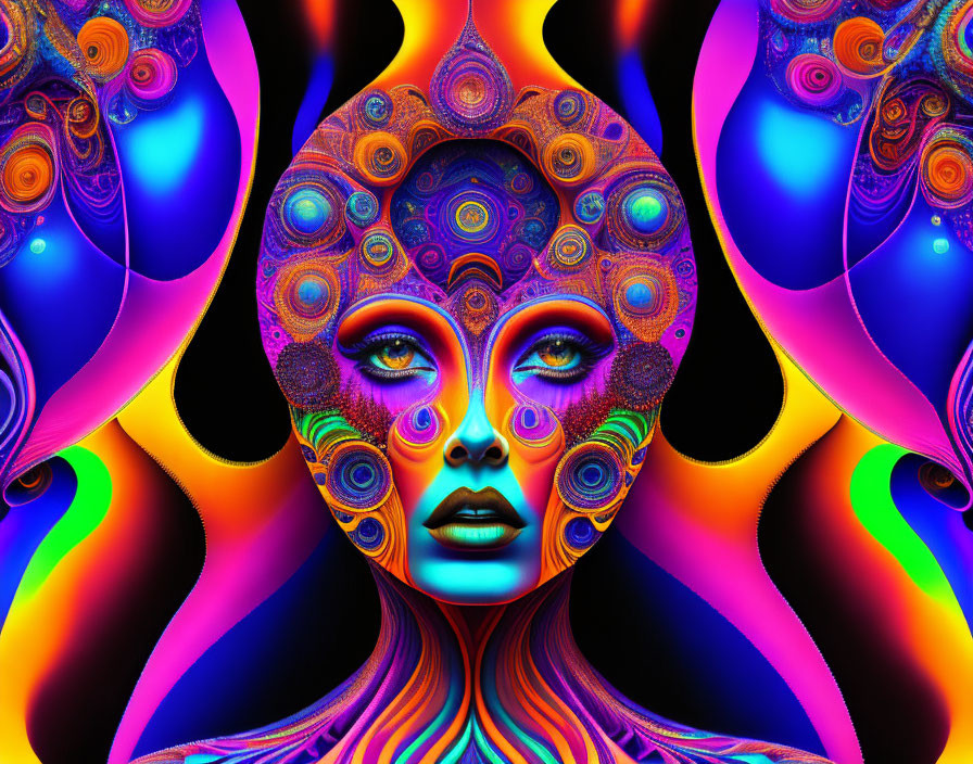 Colorful digital art: Female figure with neon swirls on black background