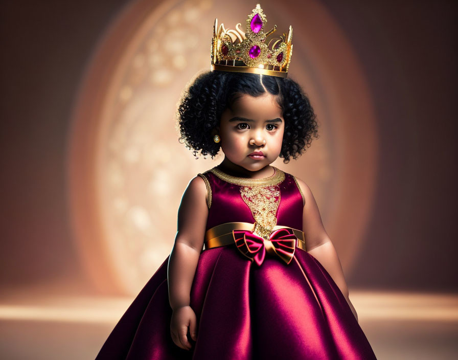 Curly-haired girl in majestic crown and purple dress with golden accents.