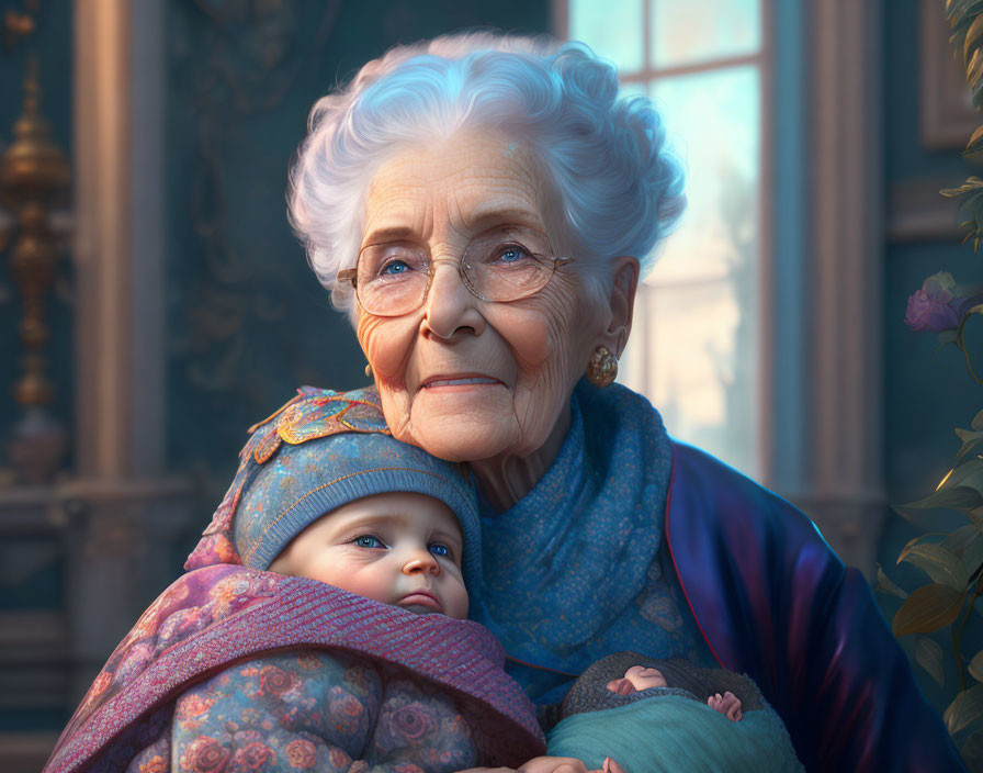 Elderly Woman Smiling Holding Swaddled Baby in Sunlit Room