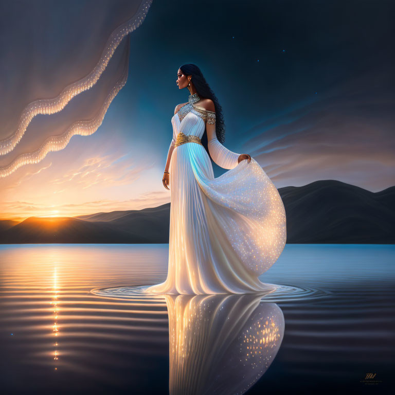 Woman in flowing dress by tranquil lake at sunset with hills and stars.