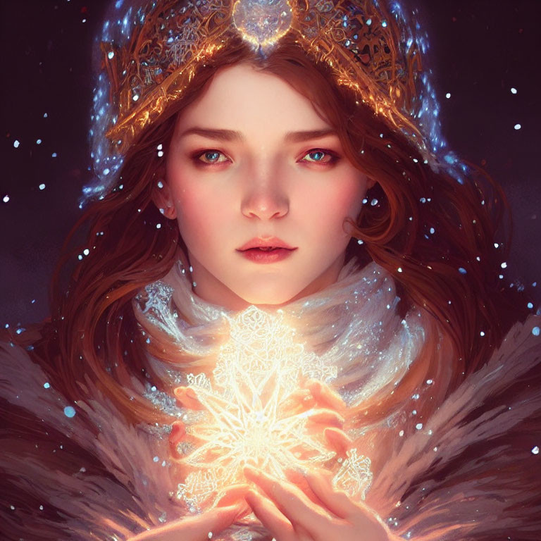 Regal crown young woman holding glowing snowflake in mystical snowflake aura