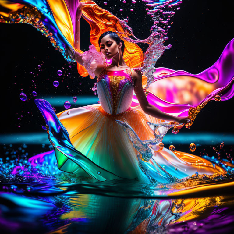 Colorful Liquid Splashes Surround Woman in Vibrant Dress