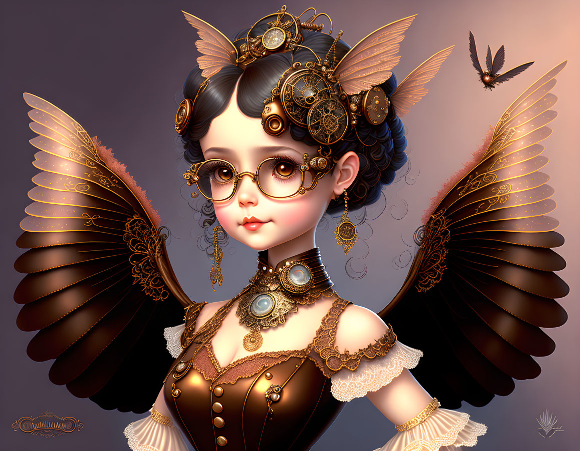 Steampunk fantasy art: Girl with mechanical wings and gear accessories